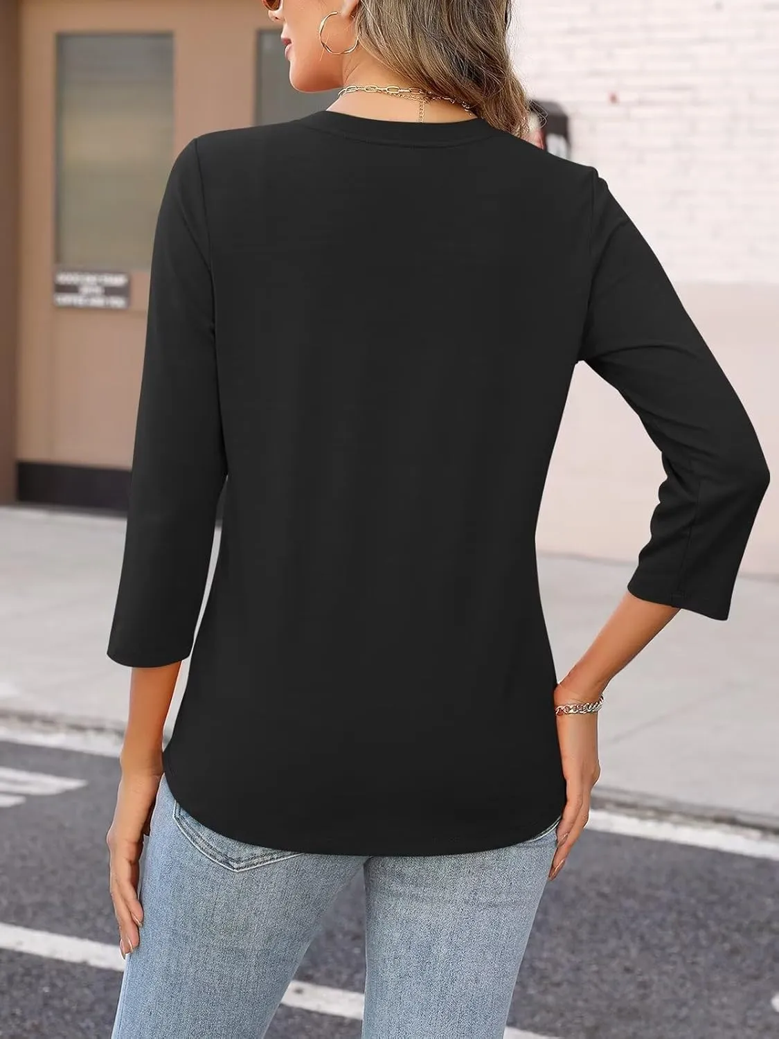 ORANDESIGNE Women's Button Down T Shirts 3/4 Sleeve V Neck Tops Casual Summer Ladies Tees