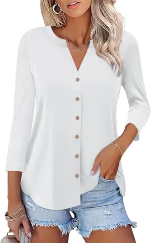 ORANDESIGNE Women's Button Down T Shirts 3/4 Sleeve V Neck Tops Casual Summer Ladies Tees
