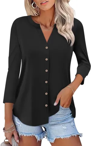 ORANDESIGNE Women's Button Down T Shirts 3/4 Sleeve V Neck Tops Casual Summer Ladies Tees