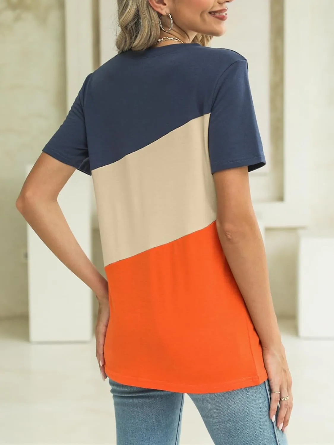 ORANDESIGNE Women's Color Block Short Sleeve T Shirts Casual Crew Neck Tops Basic Summer Loose Fit Tees