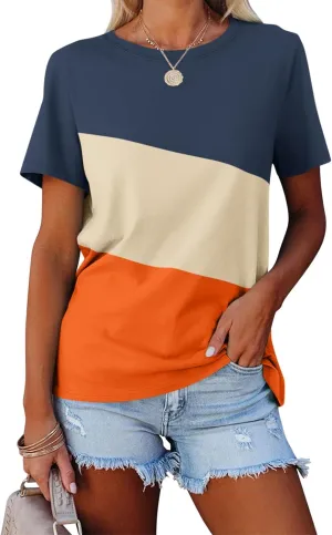ORANDESIGNE Women's Color Block Short Sleeve T Shirts Casual Crew Neck Tops Basic Summer Loose Fit Tees