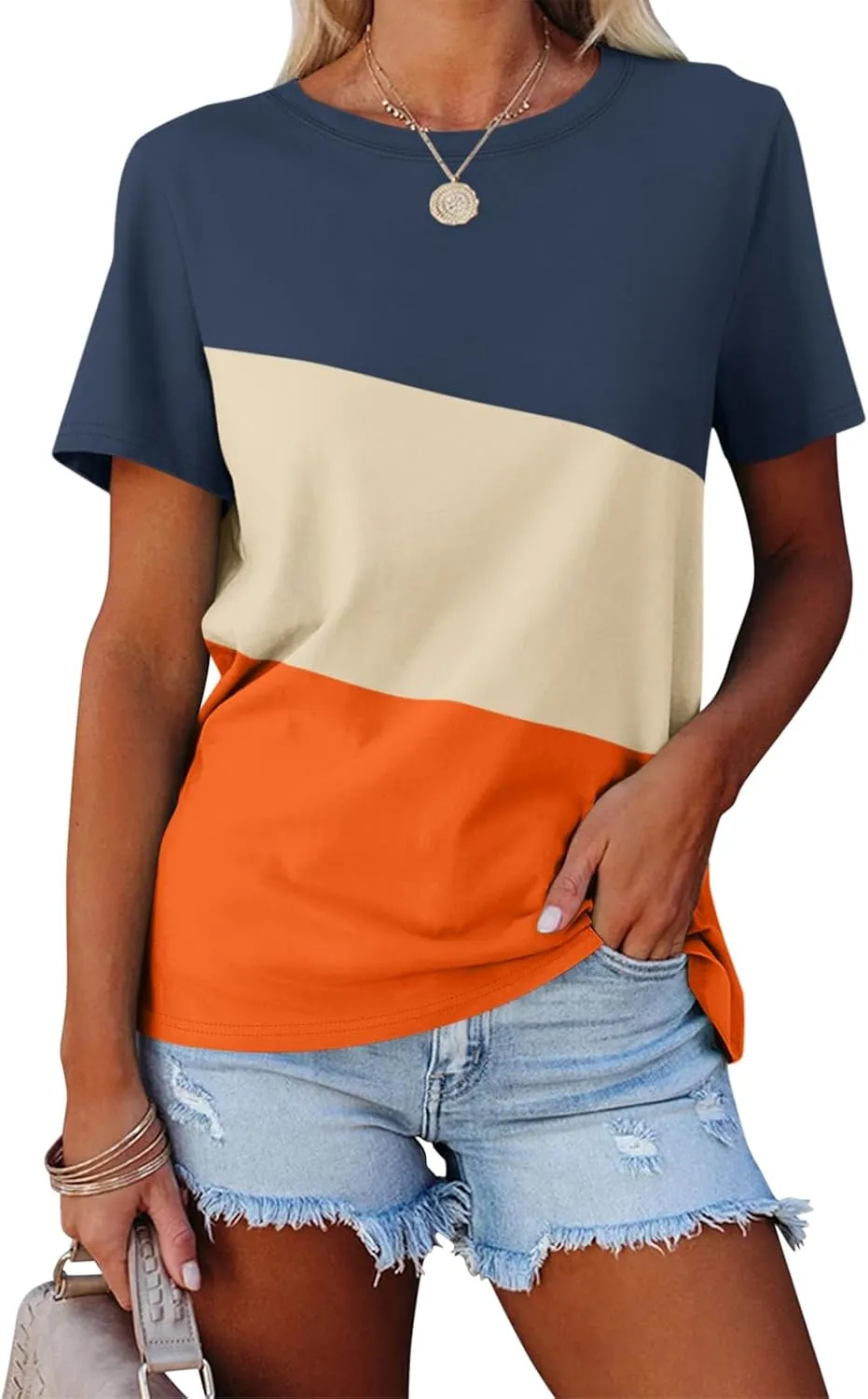ORANDESIGNE Women's Color Block Short Sleeve T Shirts Casual Crew Neck Tops Basic Summer Loose Fit Tees
