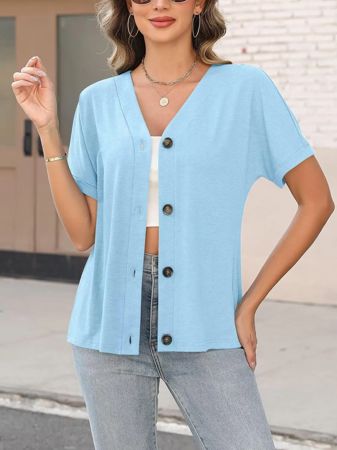 ORANDESIGNE Women's Short Sleeve V Neck Tops Casual Button Down Summer T Shirts Basic Ladies Tees