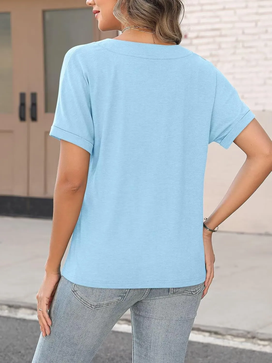 ORANDESIGNE Women's Short Sleeve V Neck Tops Casual Button Down Summer T Shirts Basic Ladies Tees