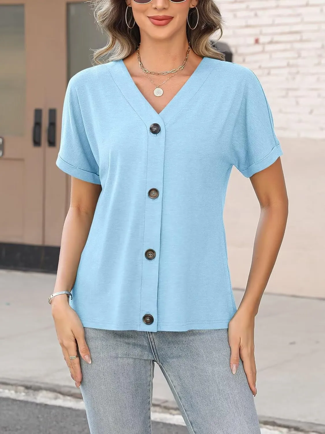 ORANDESIGNE Women's Short Sleeve V Neck Tops Casual Button Down Summer T Shirts Basic Ladies Tees