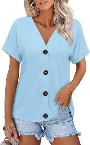 ORANDESIGNE Women's Short Sleeve V Neck Tops Casual Button Down Summer T Shirts Basic Ladies Tees