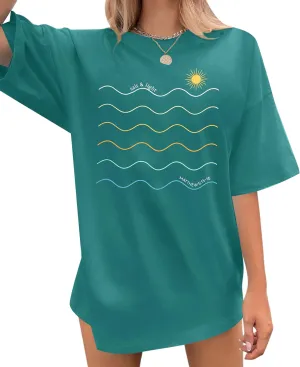 Oversized Sunshine Shirt Women Vintage Sun Print Graphic Tee Hiking T-Shirts Boho Summer Short Sleeve Top