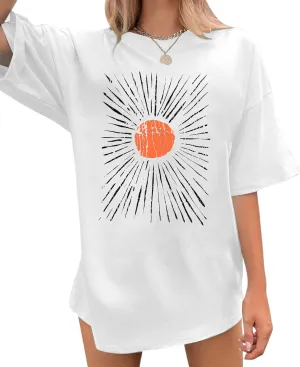 Oversized Sunshine Shirt Women Vintage Sun Print Graphic Tee Hiking T-Shirts Boho Summer Short Sleeve Top