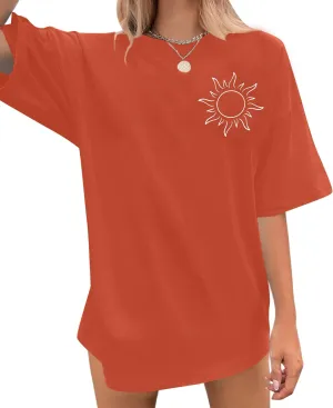 Oversized Sunshine Shirt Women Vintage Sun Print Graphic Tee Hiking T-Shirts Boho Summer Short Sleeve Top