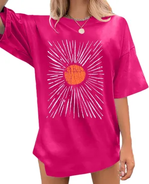 Oversized Sunshine Shirt Women Vintage Sun Print Graphic Tee Hiking T-Shirts Boho Summer Short Sleeve Top