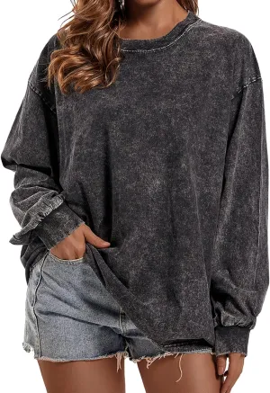 Oversized Vintage Long Sleeve Tees for Women Acid Wash T Shirts Casual Loose Fit Basic Crewneck Tops