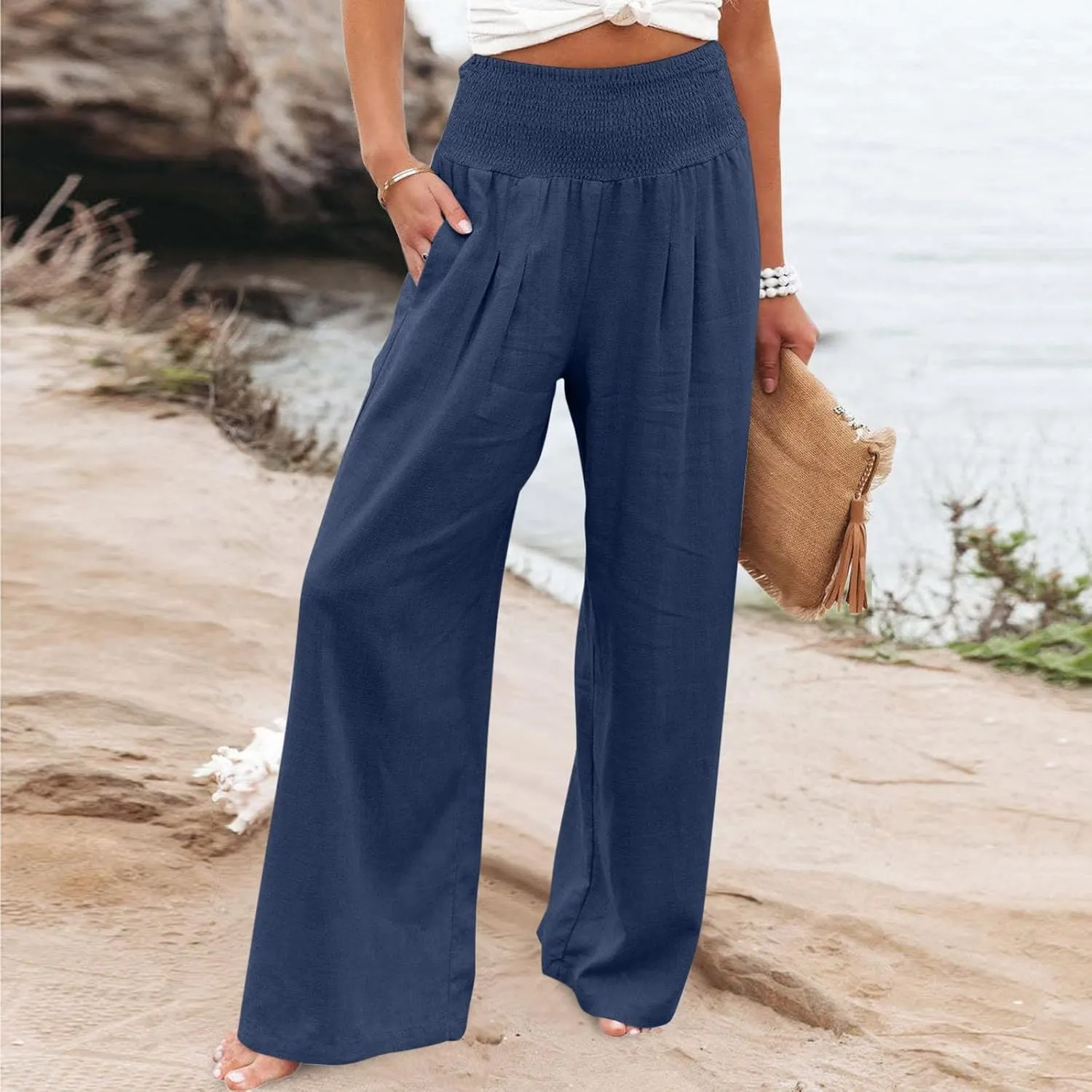 Palazzo Pants for Women Petite Summer Casual Wide Leg High Waist Linen Pants with Pockets 2025 Beach Vacation Outfit