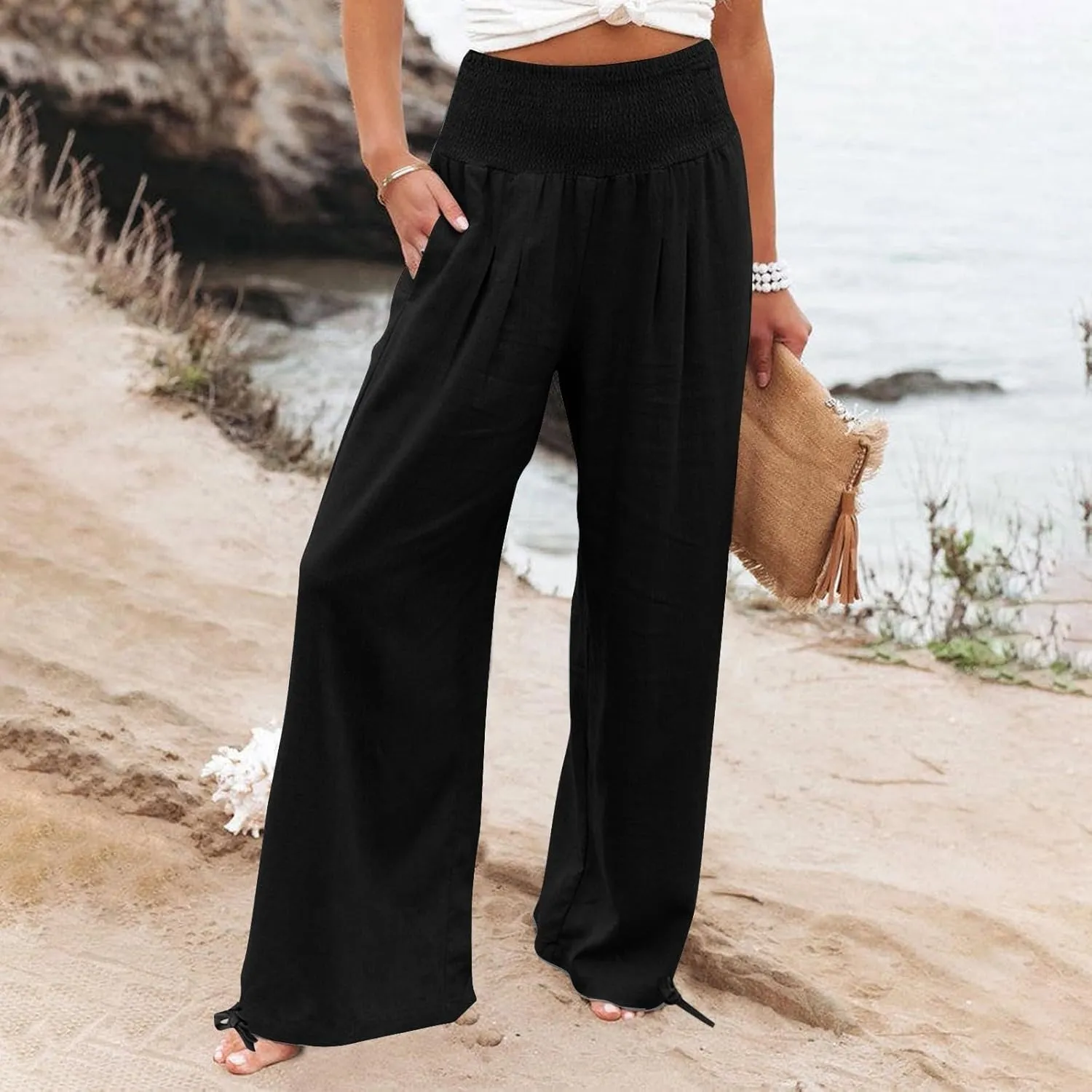 Palazzo Pants for Women Petite Summer Casual Wide Leg High Waist Linen Pants with Pockets 2025 Beach Vacation Outfit