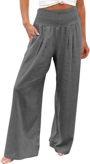 Palazzo Pants for Women Petite Summer Casual Wide Leg High Waist Linen Pants with Pockets 2025 Beach Vacation Outfit