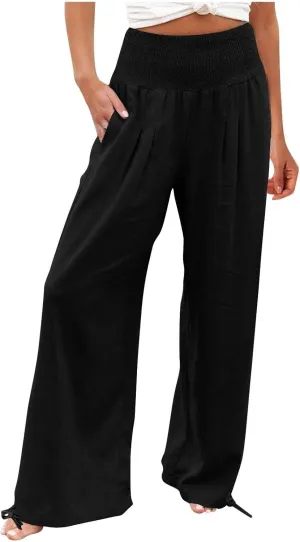 Palazzo Pants for Women Petite Summer Casual Wide Leg High Waist Linen Pants with Pockets 2025 Beach Vacation Outfit