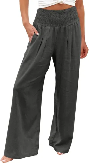 Palazzo Pants for Women Petite Summer Casual Wide Leg High Waist Linen Pants with Pockets 2025 Beach Vacation Outfit