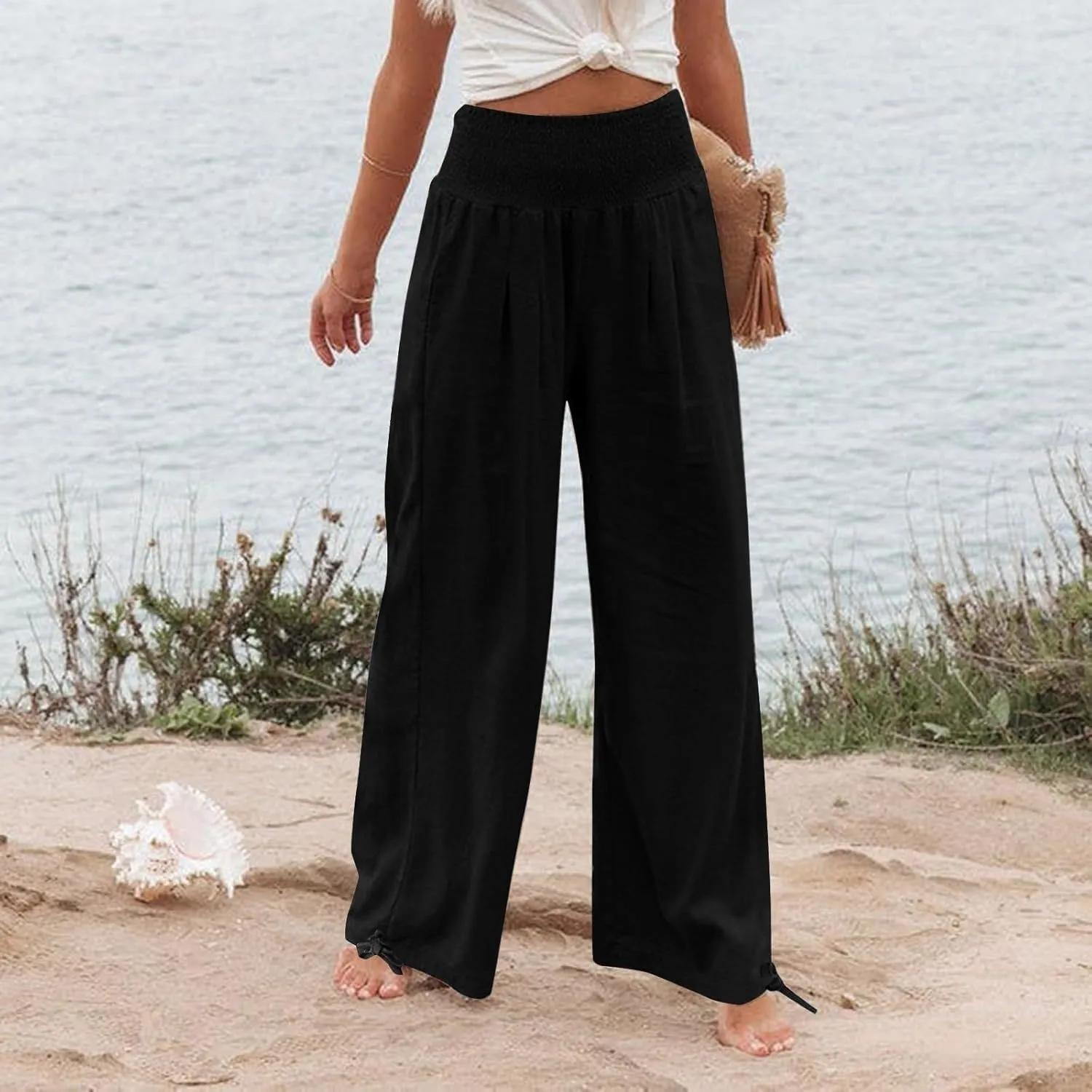 Palazzo Pants for Women Petite Summer Casual Wide Leg High Waist Linen Pants with Pockets 2025 Beach Vacation Outfit