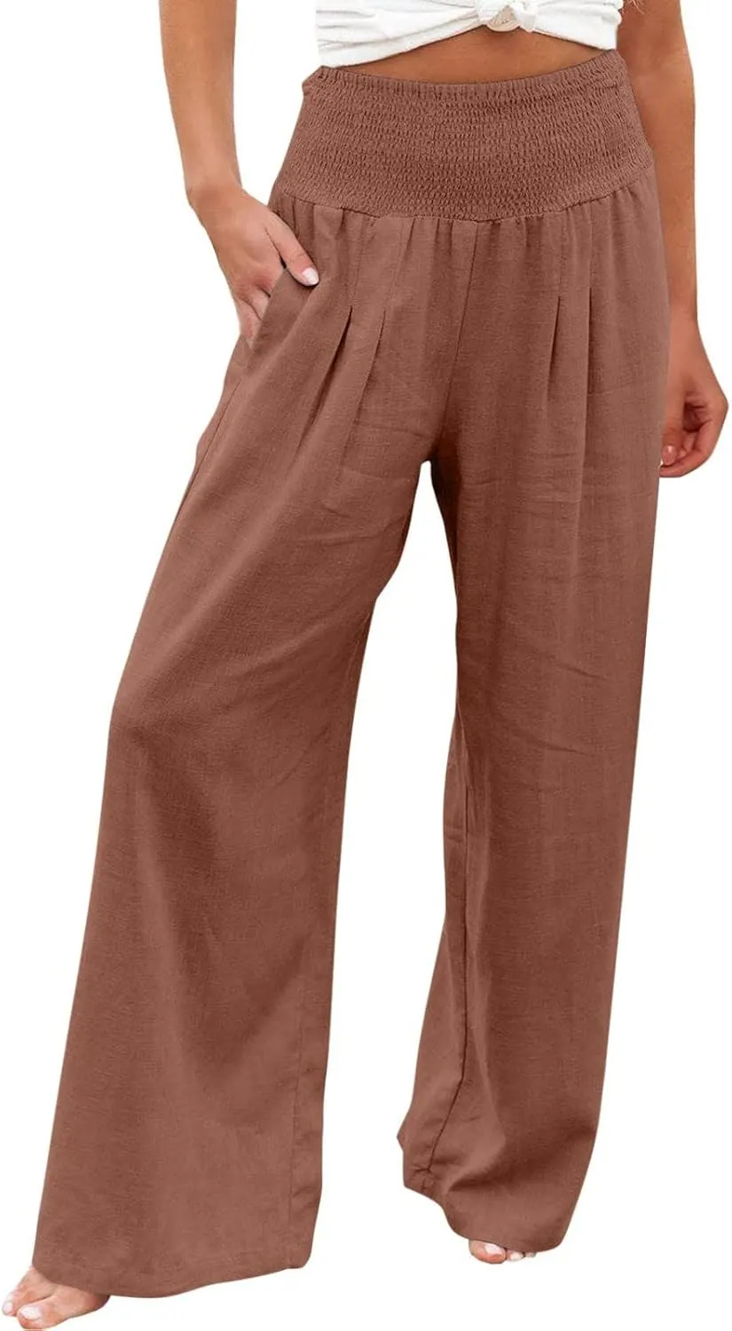 Palazzo Pants for Women Petite Summer Casual Wide Leg High Waist Linen Pants with Pockets 2025 Beach Vacation Outfit