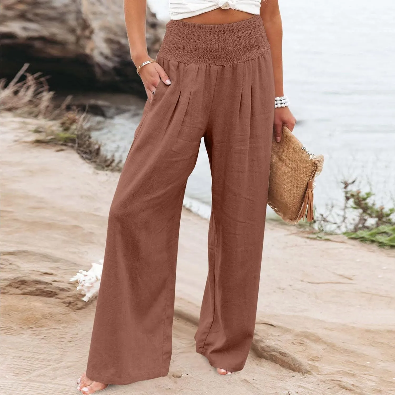 Palazzo Pants for Women Petite Summer Casual Wide Leg High Waist Linen Pants with Pockets 2025 Beach Vacation Outfit