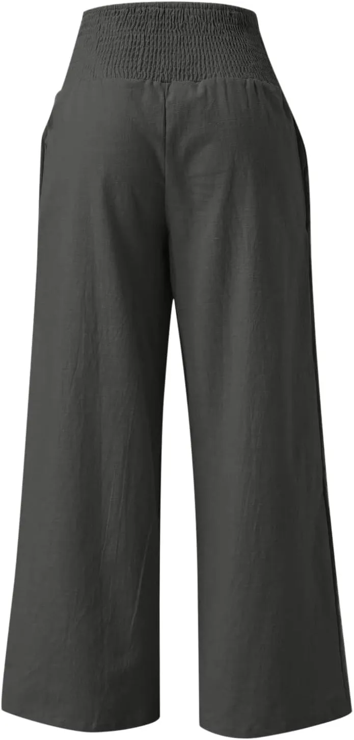 Palazzo Pants for Women Petite Summer Casual Wide Leg High Waist Linen Pants with Pockets 2025 Beach Vacation Outfit