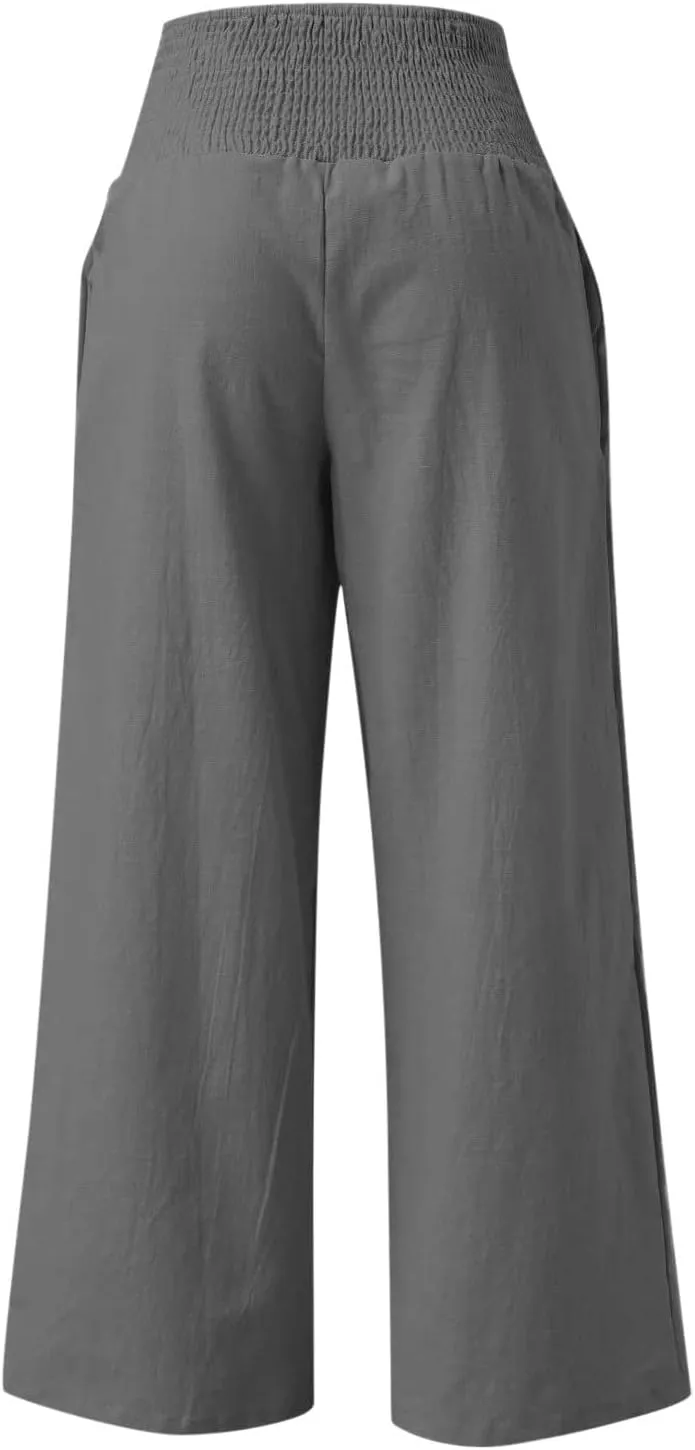 Palazzo Pants for Women Petite Summer Casual Wide Leg High Waist Linen Pants with Pockets 2025 Beach Vacation Outfit