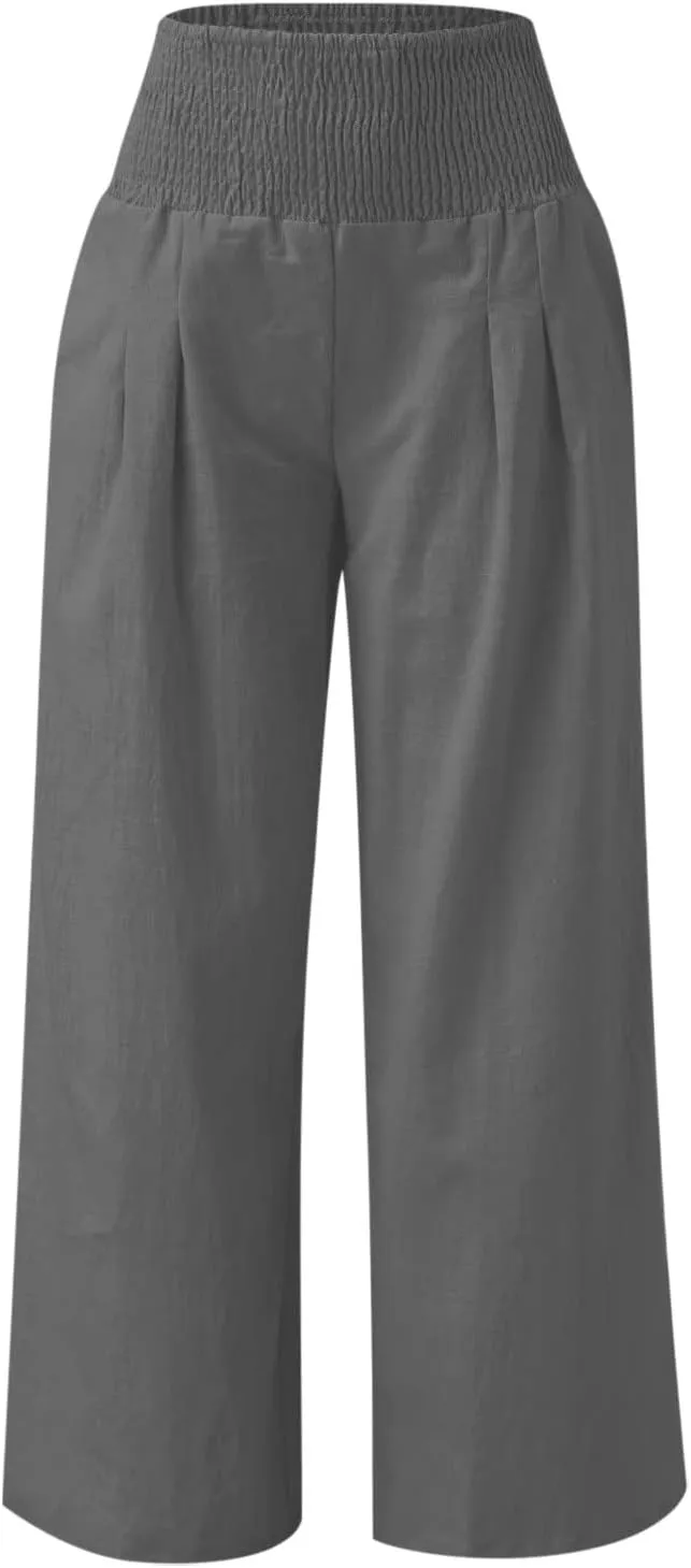 Palazzo Pants for Women Petite Summer Casual Wide Leg High Waist Linen Pants with Pockets 2025 Beach Vacation Outfit