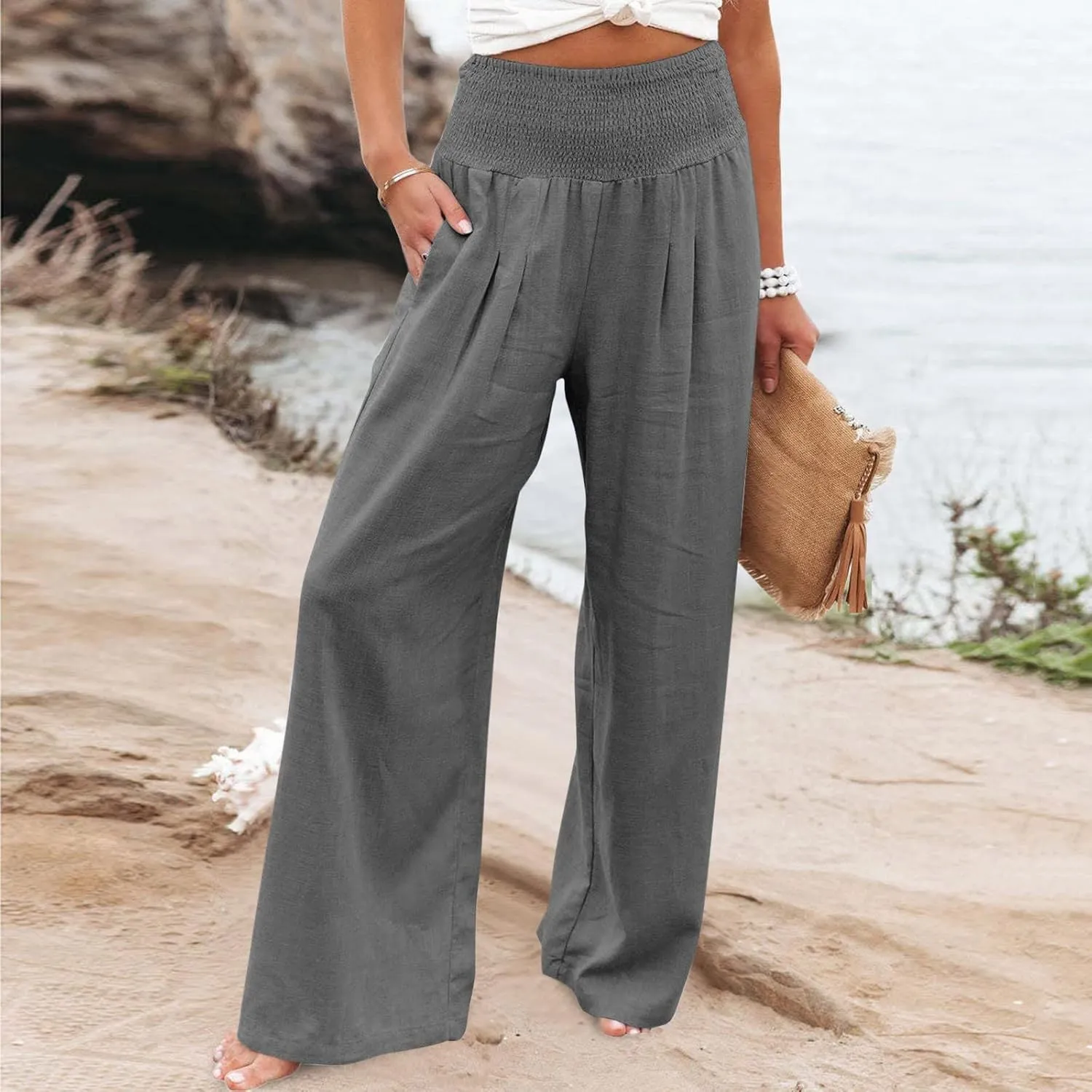 Palazzo Pants for Women Petite Summer Casual Wide Leg High Waist Linen Pants with Pockets 2025 Beach Vacation Outfit