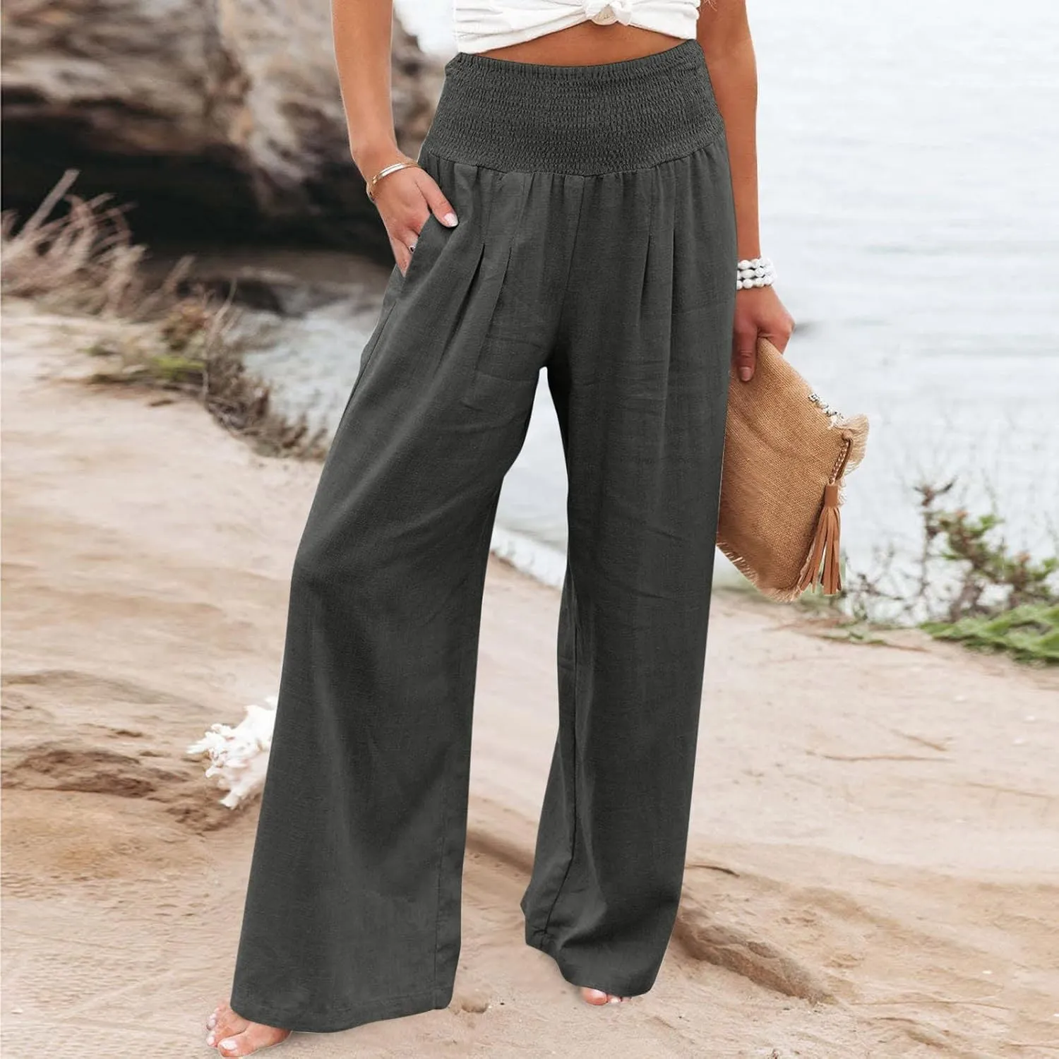 Palazzo Pants for Women Petite Summer Casual Wide Leg High Waist Linen Pants with Pockets 2025 Beach Vacation Outfit