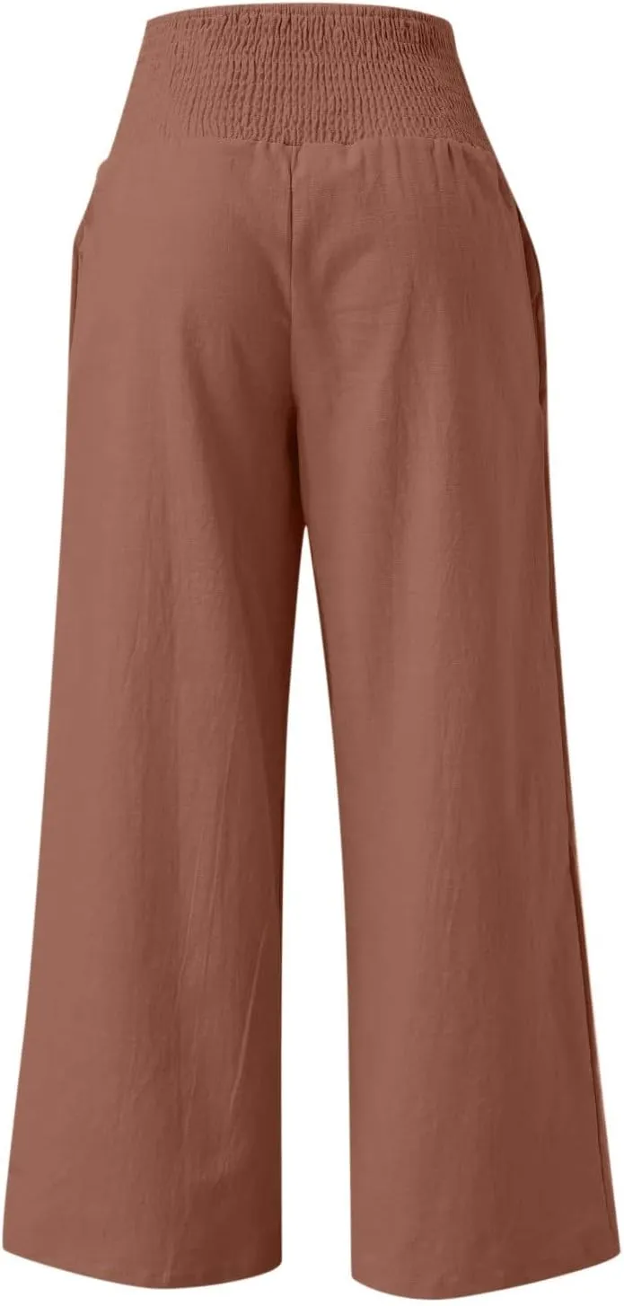 Palazzo Pants for Women Petite Summer Casual Wide Leg High Waist Linen Pants with Pockets 2025 Beach Vacation Outfit