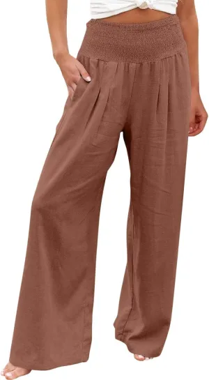 Palazzo Pants for Women Petite Summer Casual Wide Leg High Waist Linen Pants with Pockets 2025 Beach Vacation Outfit