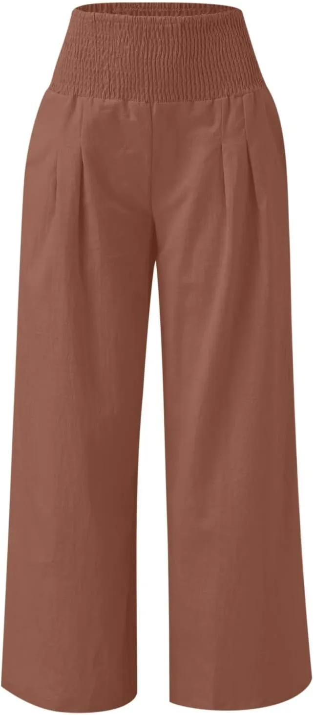 Palazzo Pants for Women Petite Summer Casual Wide Leg High Waist Linen Pants with Pockets 2025 Beach Vacation Outfit