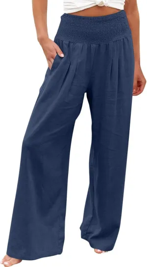Palazzo Pants for Women Petite Summer Casual Wide Leg High Waist Linen Pants with Pockets 2025 Beach Vacation Outfit