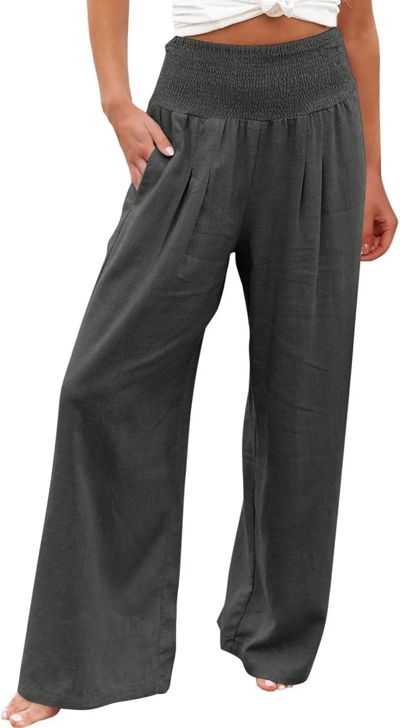 Palazzo Pants for Women Petite Summer Casual Wide Leg High Waist Linen Pants with Pockets 2025 Beach Vacation Outfit