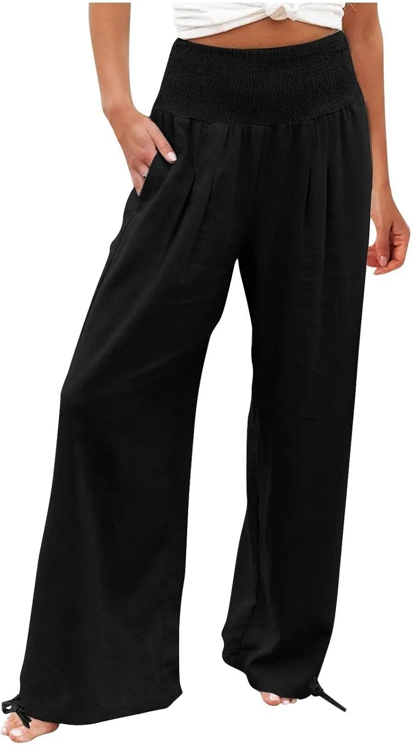 Palazzo Pants for Women Petite Summer Casual Wide Leg High Waist Linen Pants with Pockets 2025 Beach Vacation Outfit
