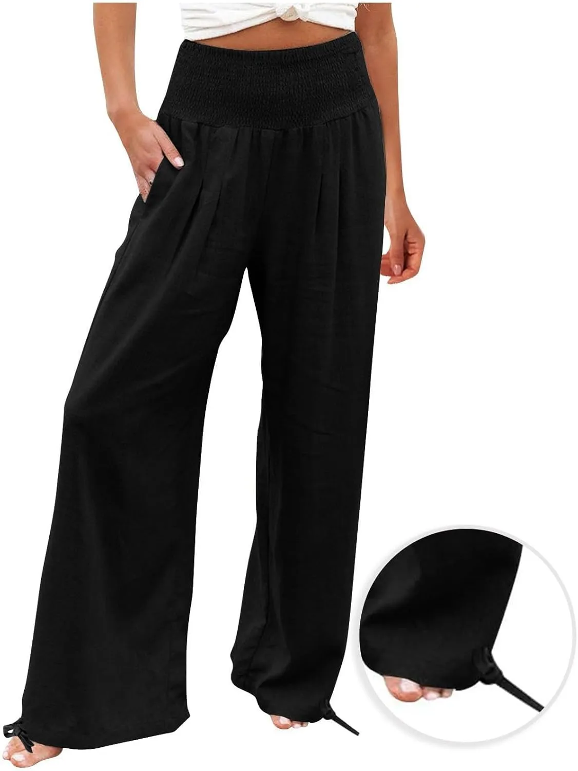 Palazzo Pants for Women Petite Summer Casual Wide Leg High Waist Linen Pants with Pockets 2025 Beach Vacation Outfit