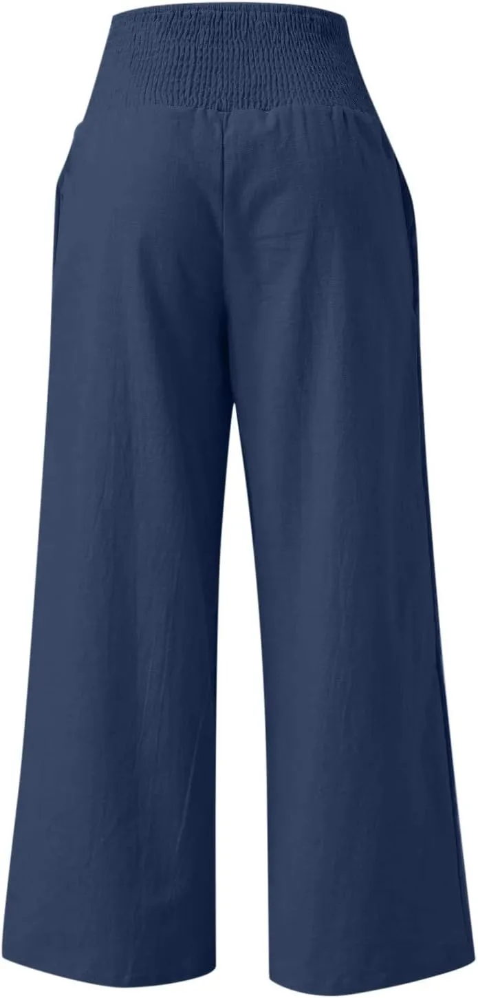 Palazzo Pants for Women Petite Summer Casual Wide Leg High Waist Linen Pants with Pockets 2025 Beach Vacation Outfit