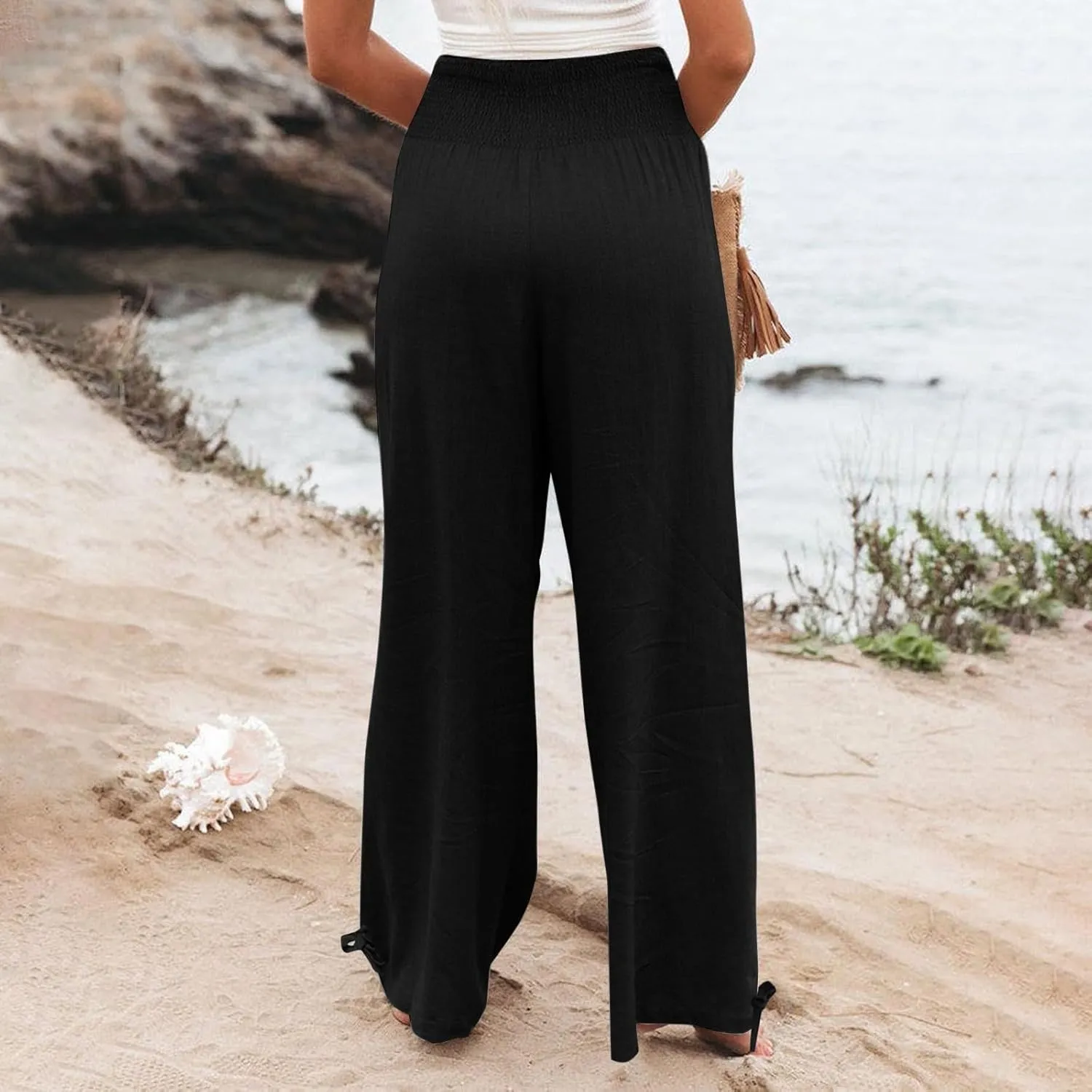 Palazzo Pants for Women Petite Summer Casual Wide Leg High Waist Linen Pants with Pockets 2025 Beach Vacation Outfit