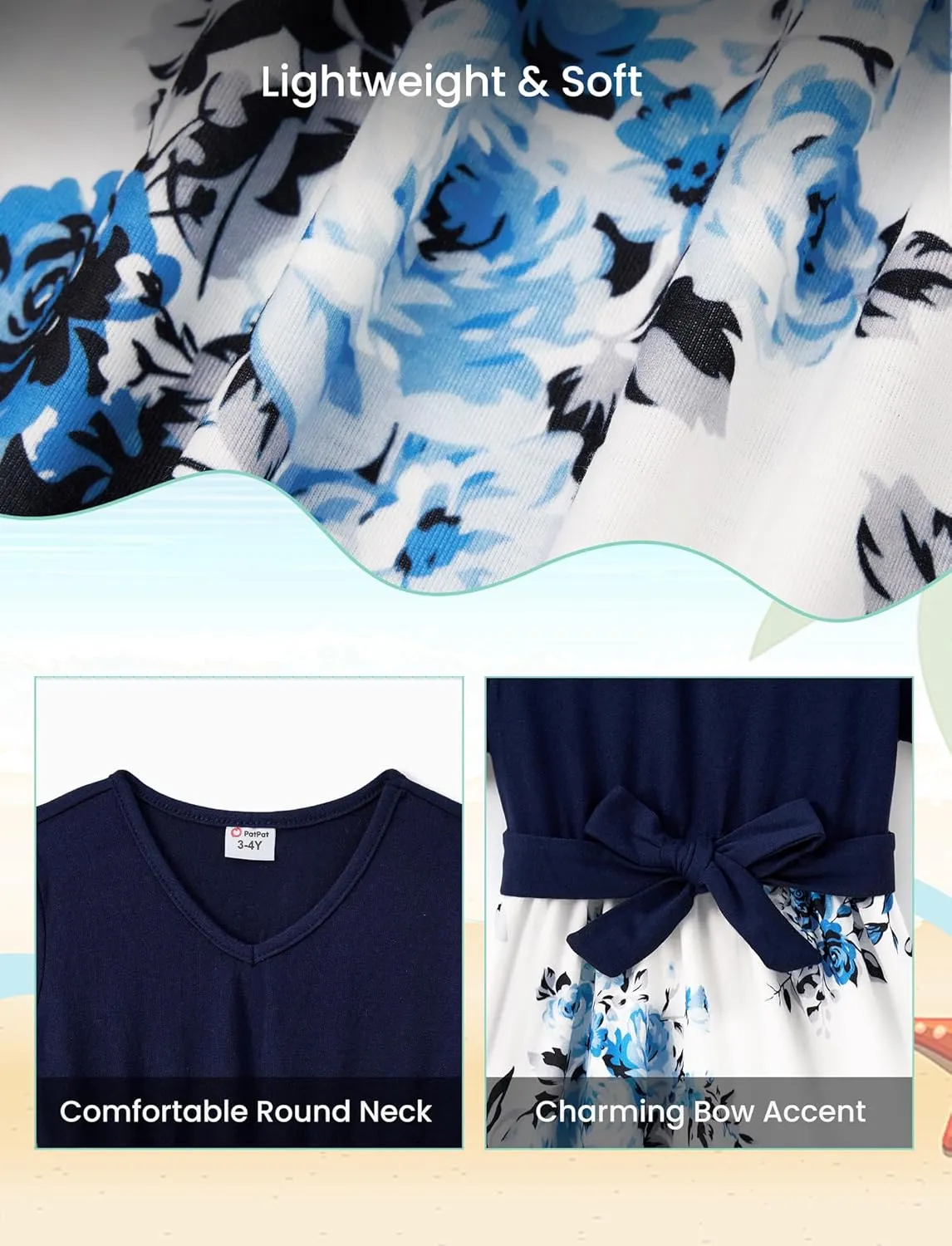 PATPAT Family Matching Outfits Short Sleeve Belted Spliced Pattern Print Dresses and Casual T-Shirts Matching Sets