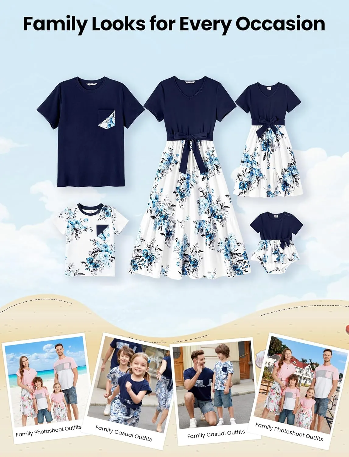 PATPAT Family Matching Outfits Short Sleeve Belted Spliced Pattern Print Dresses and Casual T-Shirts Matching Sets