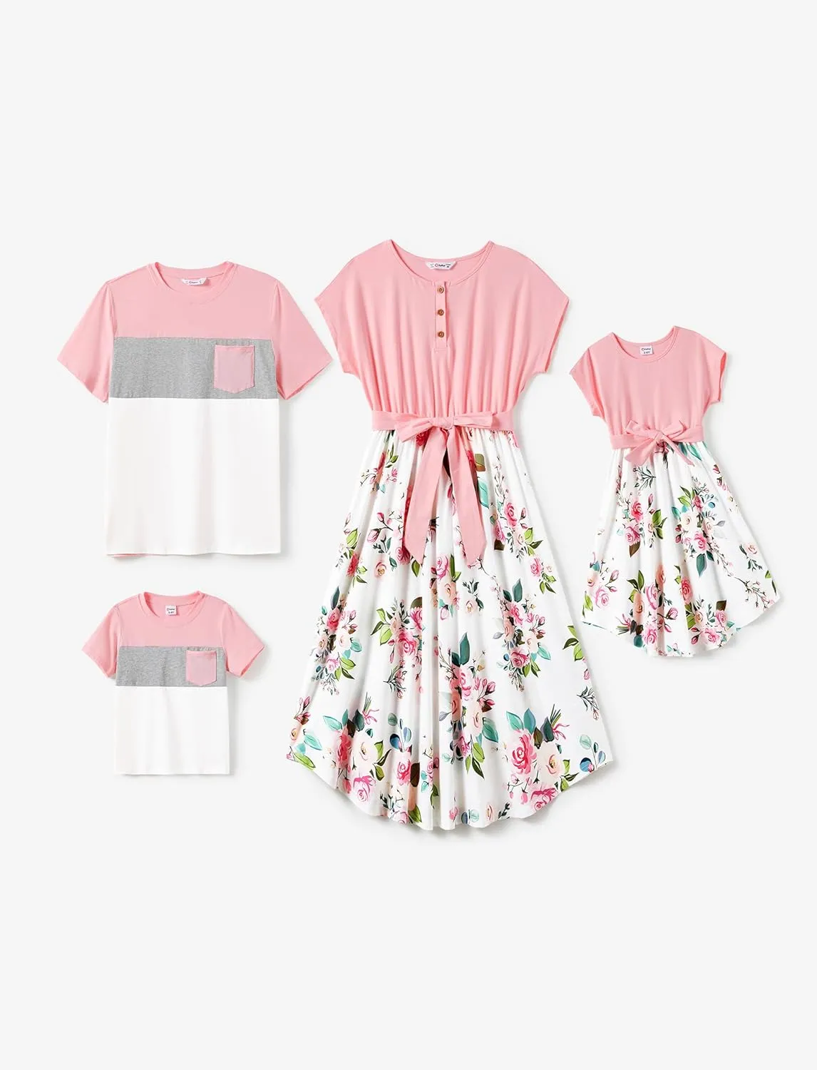 PATPAT Family Matching Outfits Short Sleeve Belted Spliced Pattern Print Dresses and Casual T-Shirts Matching Sets