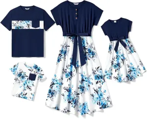 PATPAT Family Matching Outfits Short Sleeve Belted Spliced Pattern Print Dresses and Casual T-Shirts Matching Sets