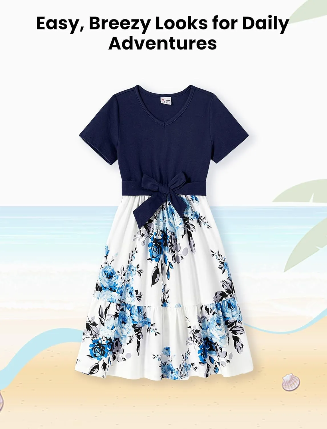 PATPAT Family Matching Outfits Short Sleeve Belted Spliced Pattern Print Dresses and Casual T-Shirts Matching Sets