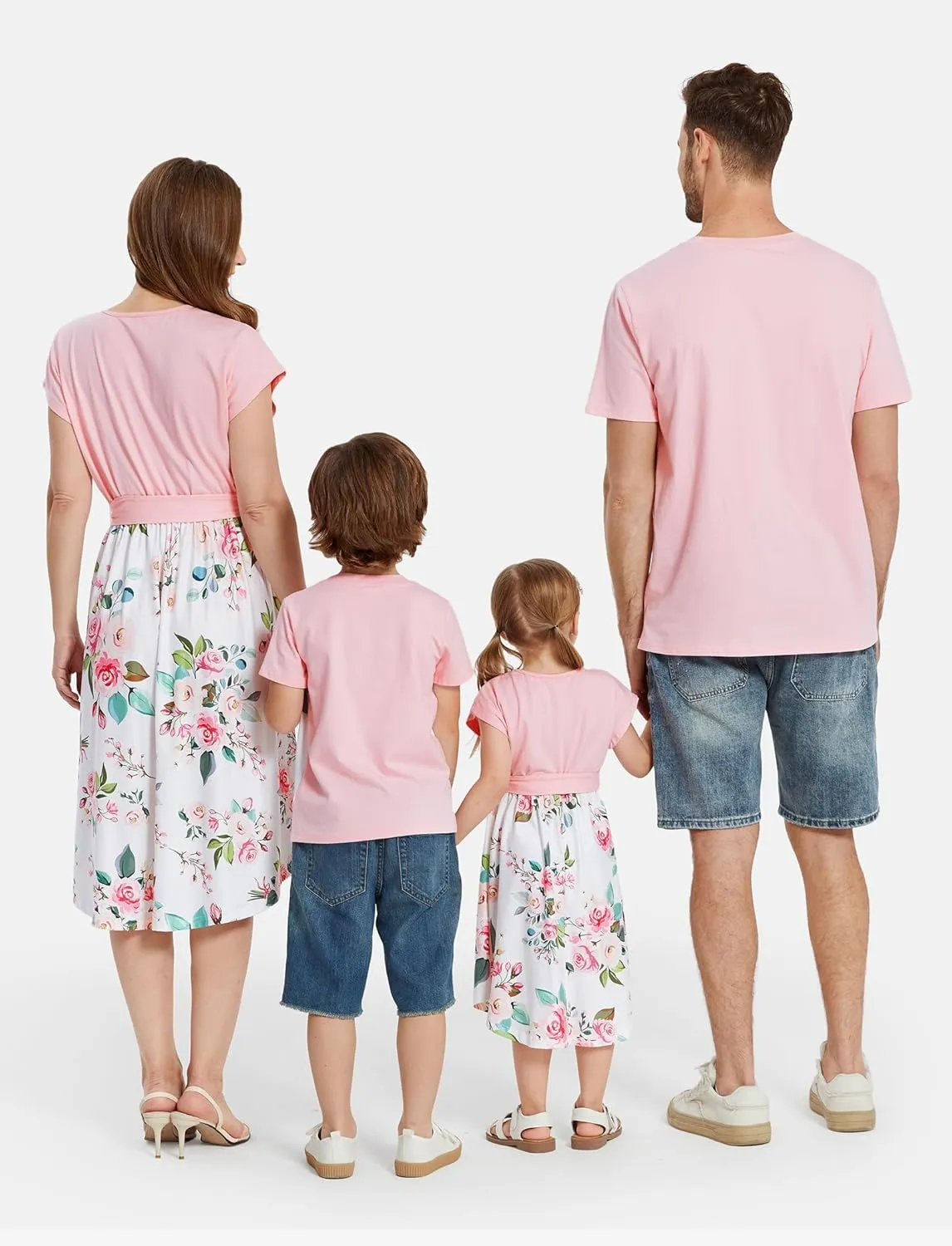 PATPAT Family Matching Outfits Short Sleeve Belted Spliced Pattern Print Dresses and Casual T-Shirts Matching Sets