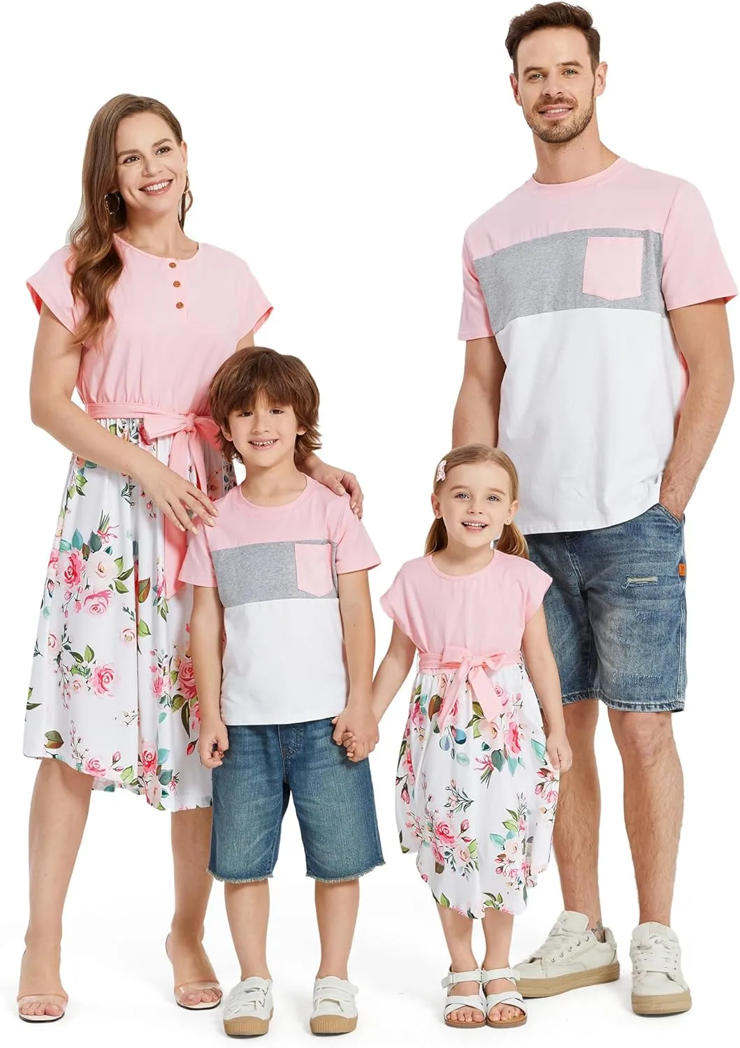 PATPAT Family Matching Outfits Short Sleeve Belted Spliced Pattern Print Dresses and Casual T-Shirts Matching Sets