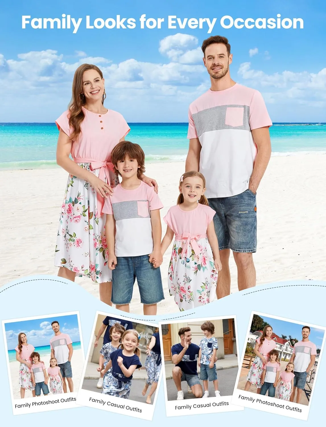 PATPAT Family Matching Outfits Short Sleeve Belted Spliced Pattern Print Dresses and Casual T-Shirts Matching Sets