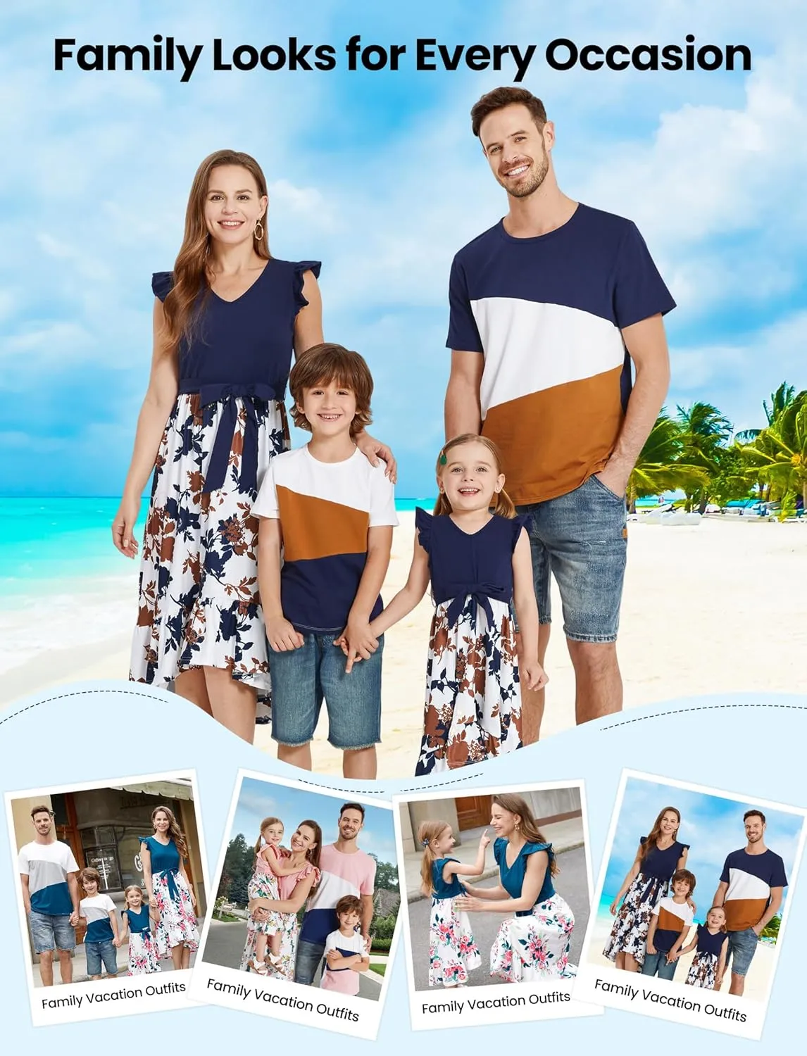 PATPAT Family Matching Outfits Summer Beach Tropical Holiday Ruffle Sleeve Mommy and Me Dresses and T-Shirts Sets