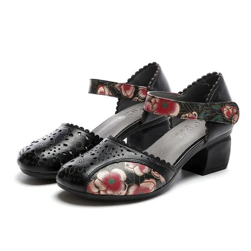 Patterned Hollow Leather Mid-heel Comfortable Ethnic Soft-soled Sandals