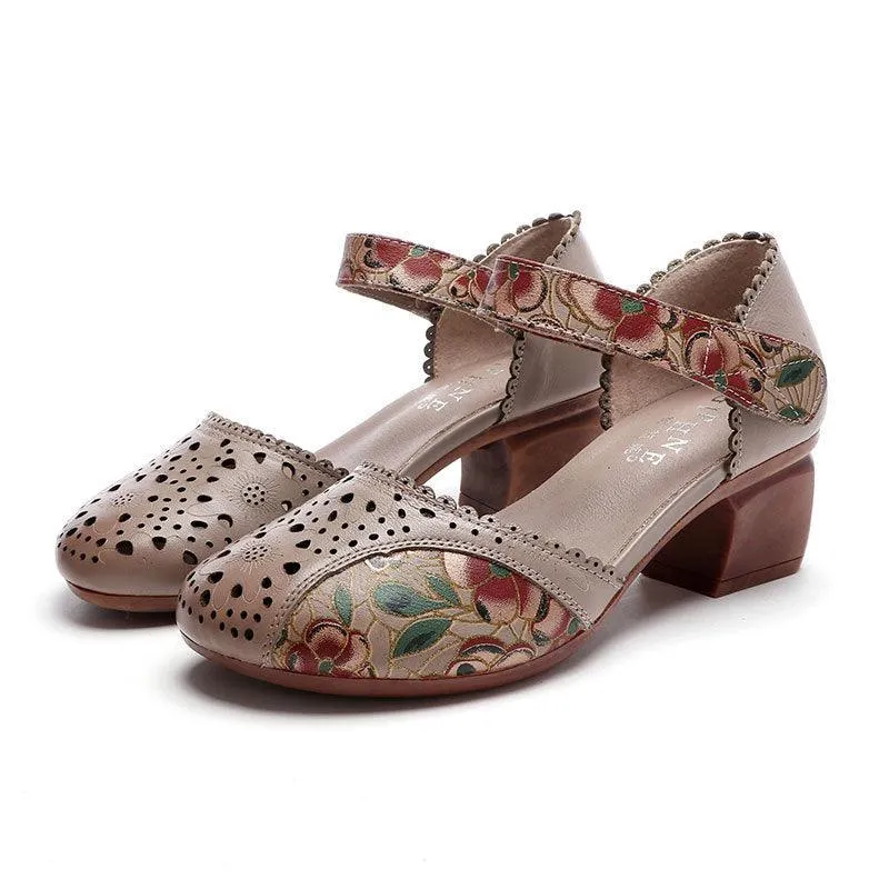 Patterned Hollow Leather Mid-heel Comfortable Ethnic Soft-soled Sandals