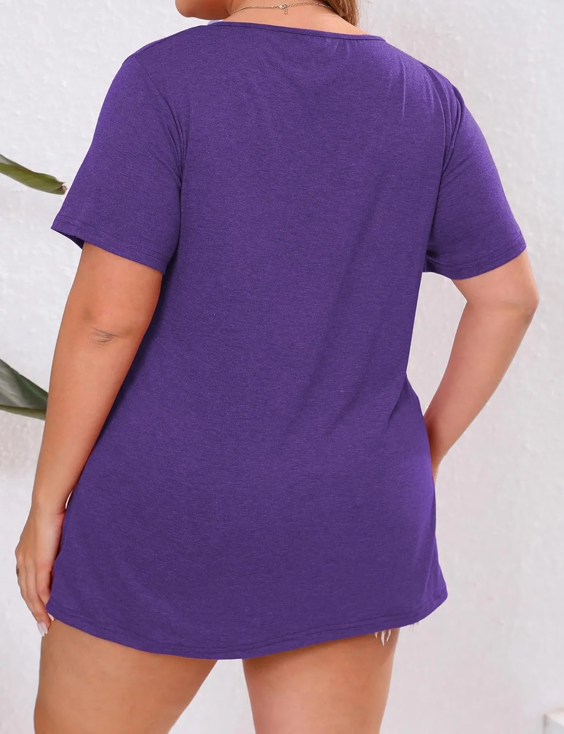 Plus Size Notch V Neck T Shirts Women Short Sleeve Tops Casual Summer Tshirts Loose Fit Tee