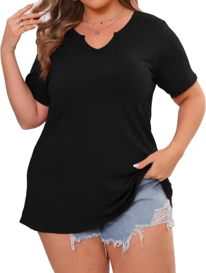 Plus Size Notch V Neck T Shirts Women Short Sleeve Tops Casual Summer Tshirts Loose Fit Tee